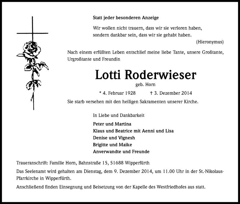  Traueranzeige für Lotti Roderwieser vom 06.12.2014 aus Kölner Stadt-Anzeiger / Kölnische Rundschau / Express